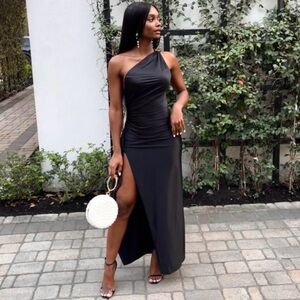 Black Satin One Shoulder Dress